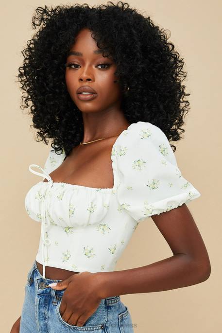 House of CB Arianna Ivory Floral Puff Sleeve Cropped Top Clothing 4H6N742