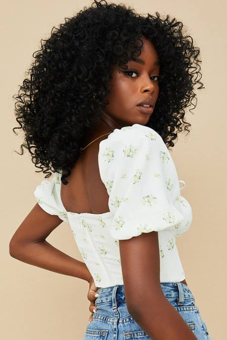 House of CB Arianna Ivory Floral Puff Sleeve Cropped Top Clothing 4H6N742