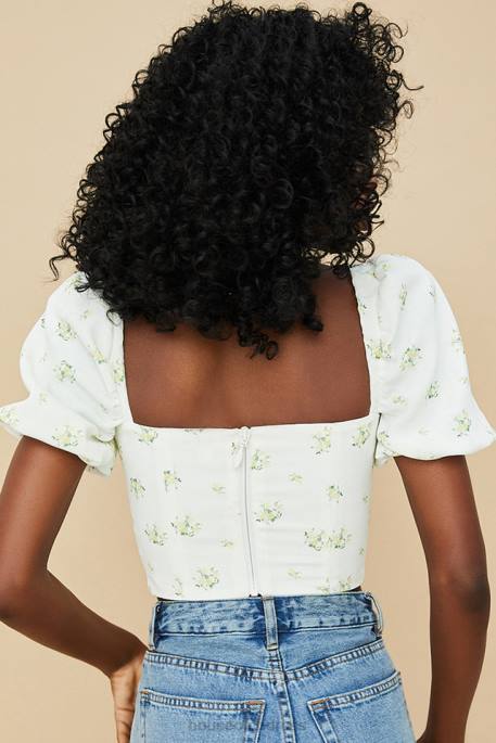 House of CB Arianna Ivory Floral Puff Sleeve Cropped Top Clothing 4H6N742