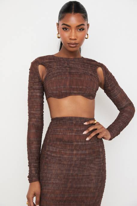 House of CB Blythe Chocolate Print Ruched Mesh Cutout Cropped Top Clothing 4H6N755