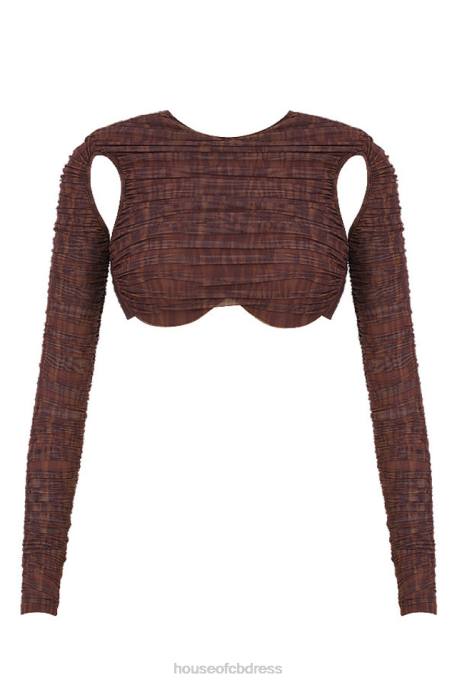 House of CB Blythe Chocolate Print Ruched Mesh Cutout Cropped Top Clothing 4H6N755