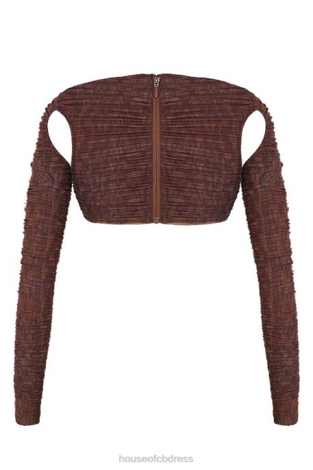 House of CB Blythe Chocolate Print Ruched Mesh Cutout Cropped Top Clothing 4H6N755