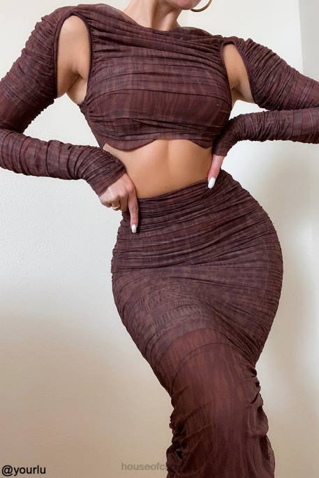 House of CB Blythe Chocolate Print Ruched Mesh Cutout Cropped Top Clothing 4H6N755