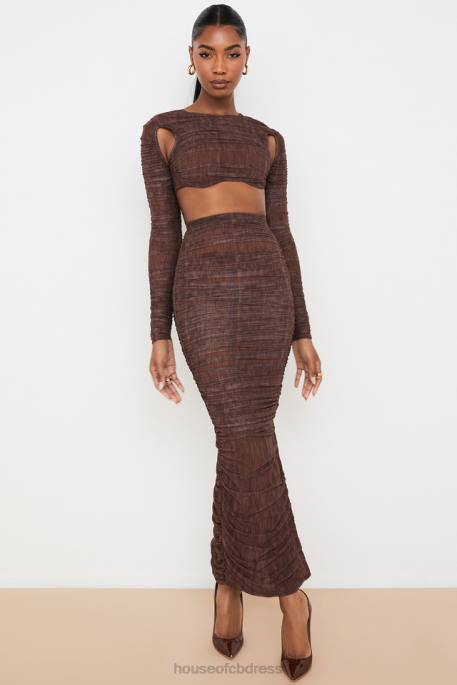 House of CB Blythe Chocolate Print Ruched Mesh Cutout Cropped Top Clothing 4H6N755