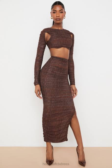 House of CB Blythe Chocolate Print Ruched Mesh Cutout Cropped Top Clothing 4H6N755
