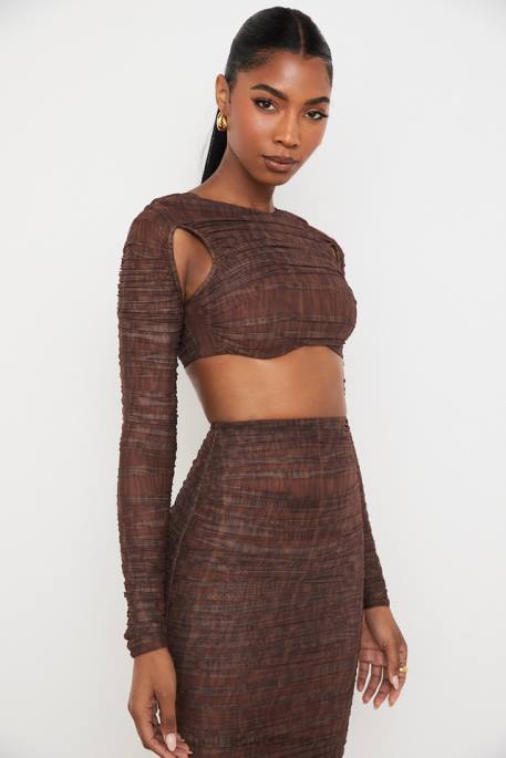 House of CB Blythe Chocolate Print Ruched Mesh Cutout Cropped Top Clothing 4H6N755