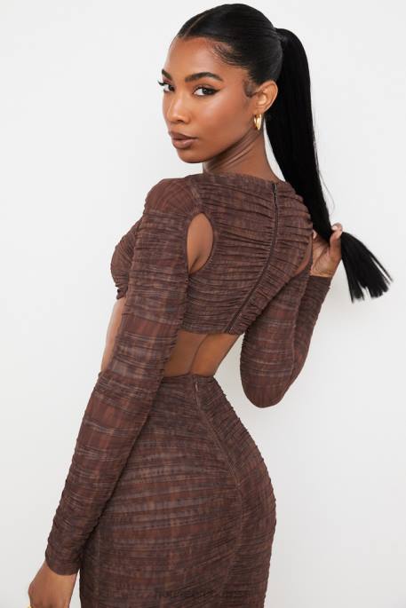 House of CB Blythe Chocolate Print Ruched Mesh Cutout Cropped Top Clothing 4H6N755