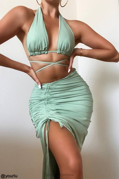 House of CB Calypso Sage Halter Neck Gathered Bustier Top Clothing 4H6N753
