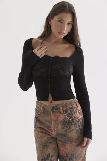 House of CB Candice Black Lace Trim Top Clothing 4H6N682