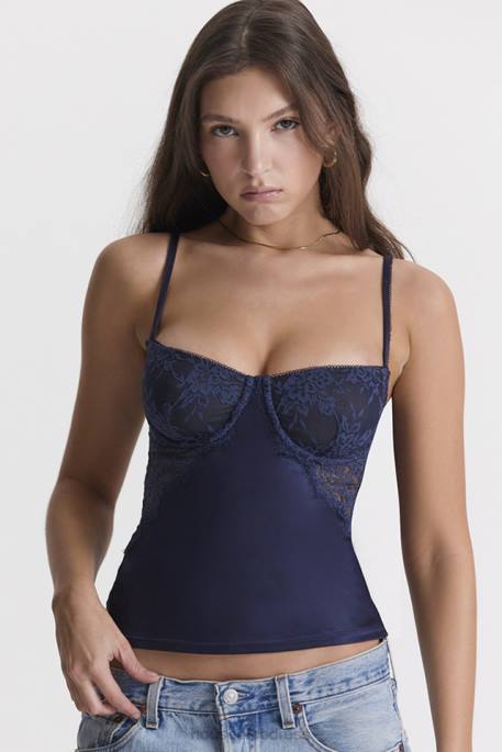 House of CB Cecilie Navy Satin & Lace Cami Top Clothing 4H6N680