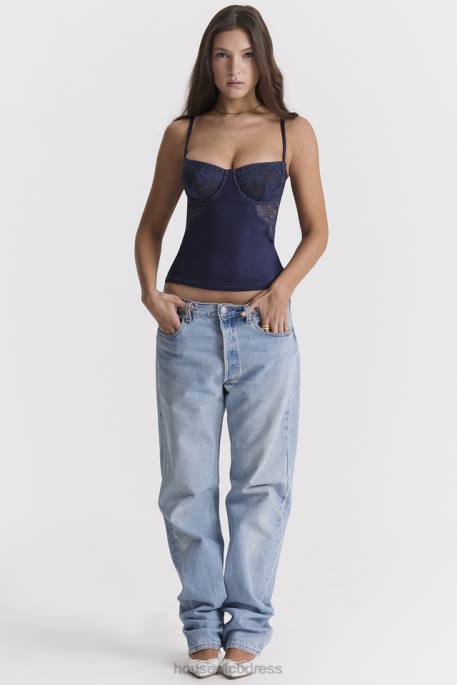 House of CB Cecilie Navy Satin & Lace Cami Top Clothing 4H6N680