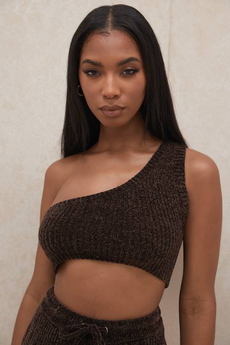 House of CB Charlie Chocolate Chenille One Shoulder Crop Top Clothing 4H6N782