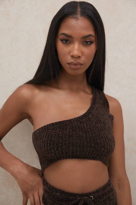 House of CB Charlie Chocolate Chenille One Shoulder Crop Top Clothing 4H6N782
