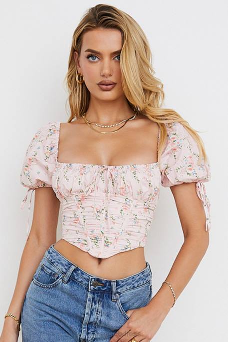 House of CB Gracie Pink Floral Puff Sleeve Corset Top Clothing 4H6N743
