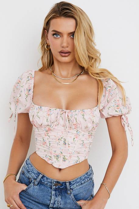 House of CB Gracie Pink Floral Puff Sleeve Corset Top Clothing 4H6N743