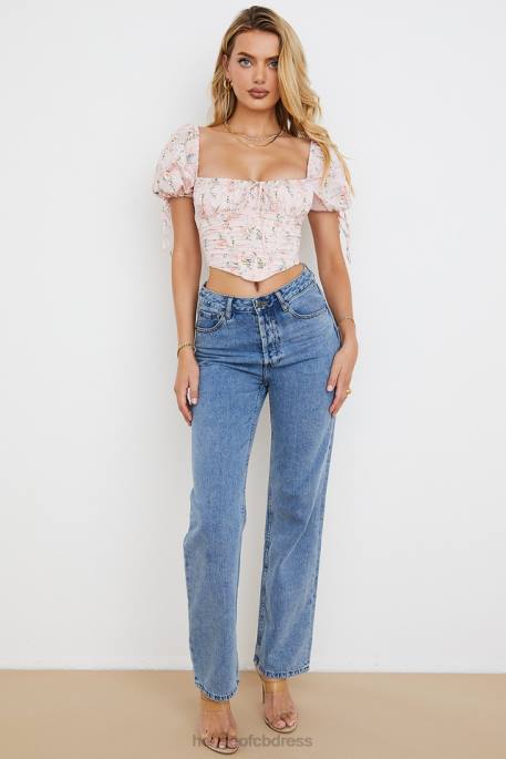 House of CB Gracie Pink Floral Puff Sleeve Corset Top Clothing 4H6N743