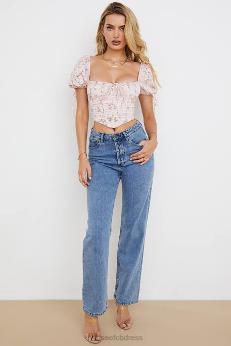 House of CB Gracie Pink Floral Puff Sleeve Corset Top Clothing 4H6N743
