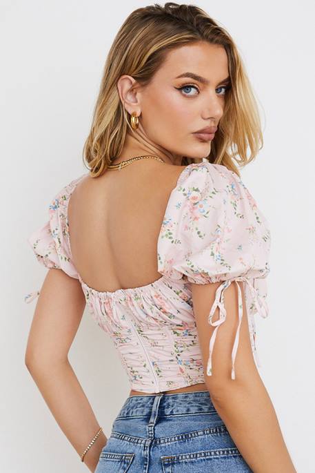 House of CB Gracie Pink Floral Puff Sleeve Corset Top Clothing 4H6N743