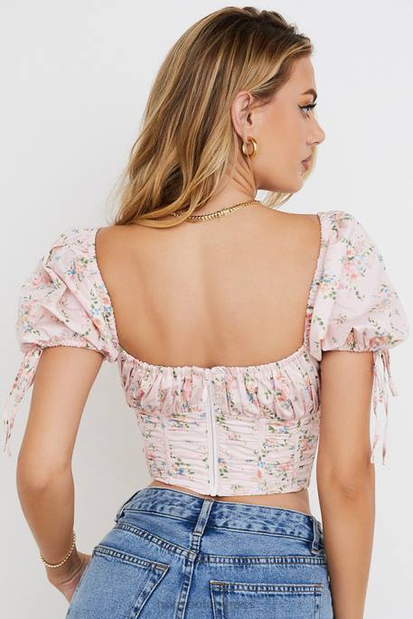 House of CB Gracie Pink Floral Puff Sleeve Corset Top Clothing 4H6N743