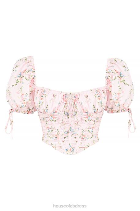 House of CB Gracie Pink Floral Puff Sleeve Corset Top Clothing 4H6N743
