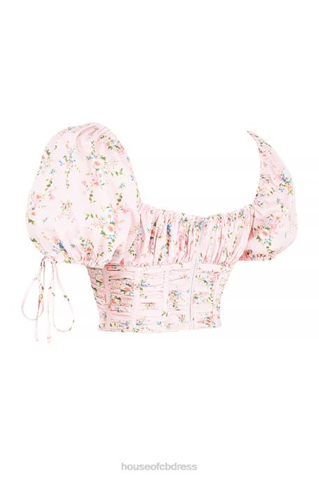 House of CB Gracie Pink Floral Puff Sleeve Corset Top Clothing 4H6N743