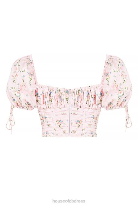 House of CB Gracie Pink Floral Puff Sleeve Corset Top Clothing 4H6N743