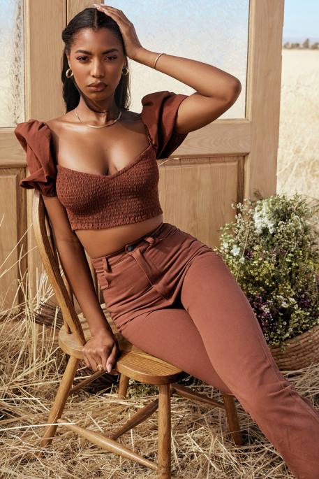 House of CB Lavanna Cocoa Puff Sleeve Cropped Top Clothing 4H6N748