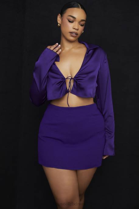 House of CB Lavender Grape Satin Cropped Tie Front Top Clothing 4H6N738