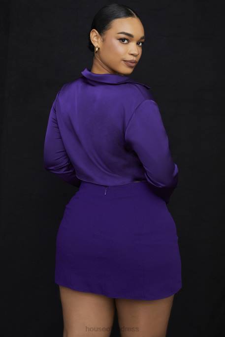 House of CB Lavender Grape Satin Cropped Tie Front Top Clothing 4H6N738