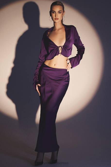 House of CB Lavender Grape Satin Cropped Tie Front Top Clothing 4H6N738