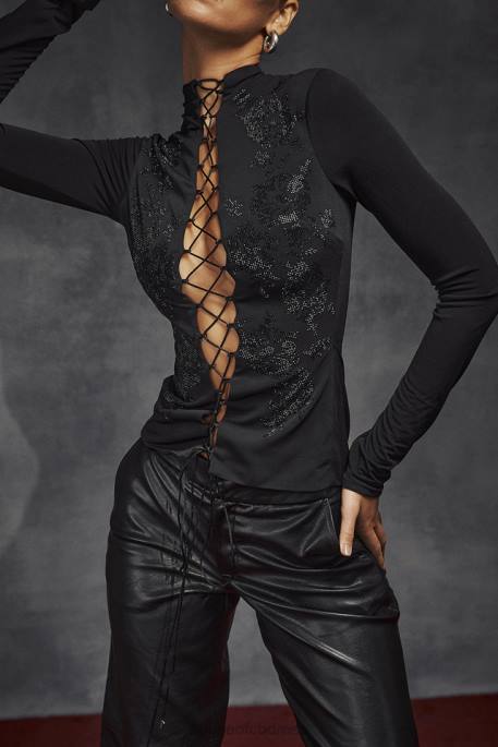 House of CB Lori Black Crystallised Lace Up Top Clothing 4H6N701