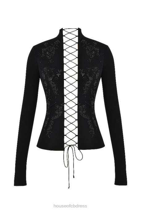House of CB Lori Black Crystallised Lace Up Top Clothing 4H6N701