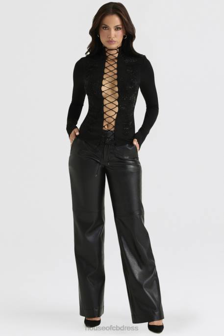 House of CB Lori Black Crystallised Lace Up Top Clothing 4H6N701