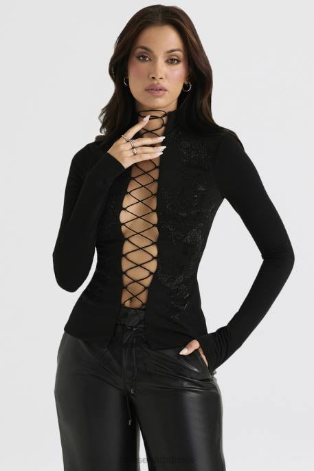 House of CB Lori Black Crystallised Lace Up Top Clothing 4H6N701