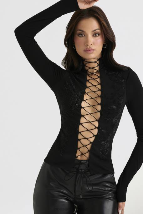 House of CB Lori Black Crystallised Lace Up Top Clothing 4H6N701