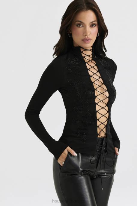 House of CB Lori Black Crystallised Lace Up Top Clothing 4H6N701