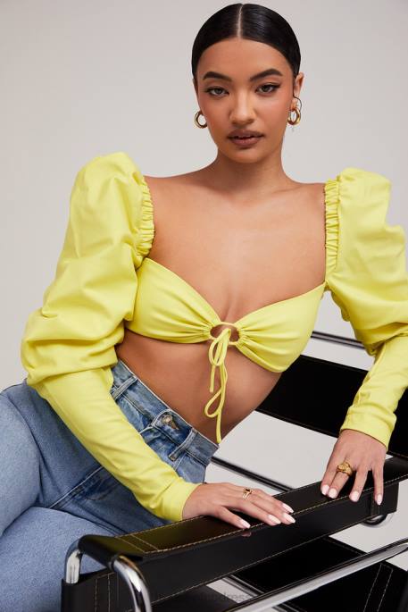 House of CB Mistress Rocks Tough Love Lemon Puff Sleeve Cropped Top Clothing 4H6N754