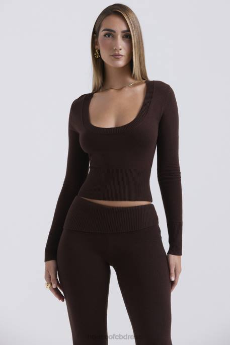 House of CB Raquel Chocolate Cashmere Blend Scoop Neck Top Clothing 4H6N653