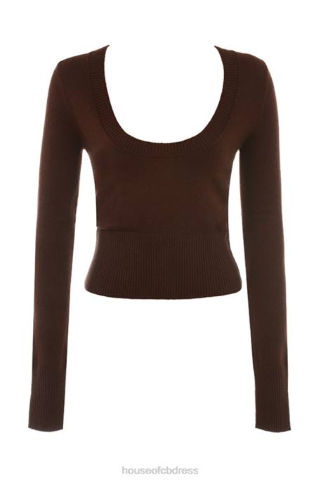 House of CB Raquel Chocolate Cashmere Blend Scoop Neck Top Clothing 4H6N653