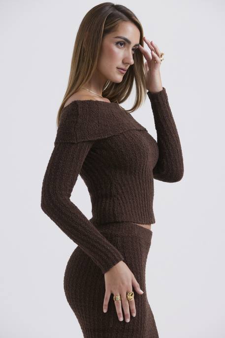 House of CB Saffron Chocolate Soft Boucle Knit Top Clothing 4H6N656