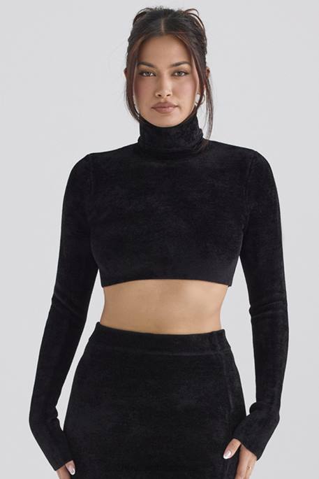 House of CB Suri Black Chenille Cropped Top Clothing 4H6N689