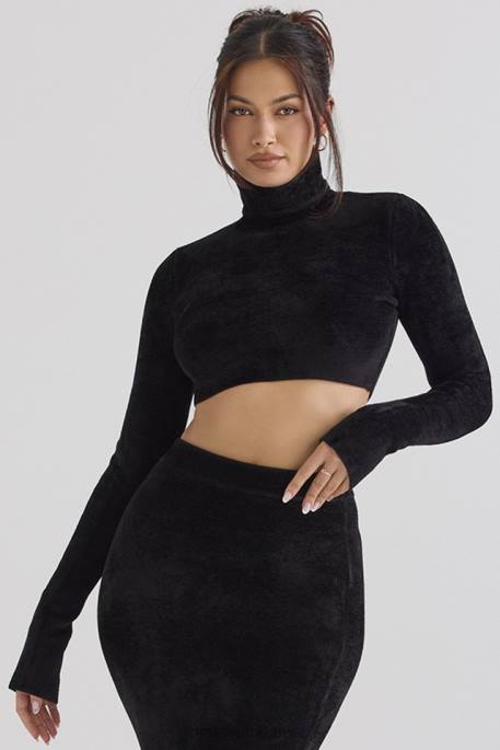 House of CB Suri Black Chenille Cropped Top Clothing 4H6N689