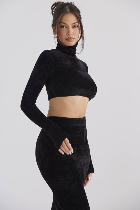 House of CB Suri Black Chenille Cropped Top Clothing 4H6N689