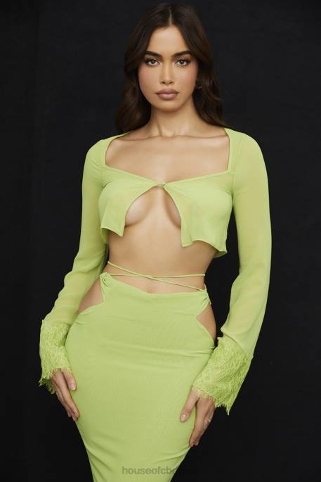 House of CB Tara Lime Green Georgette Cropped Top Clothing 4H6N737