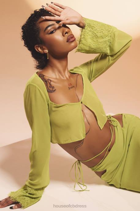 House of CB Tara Lime Green Georgette Cropped Top Clothing 4H6N737