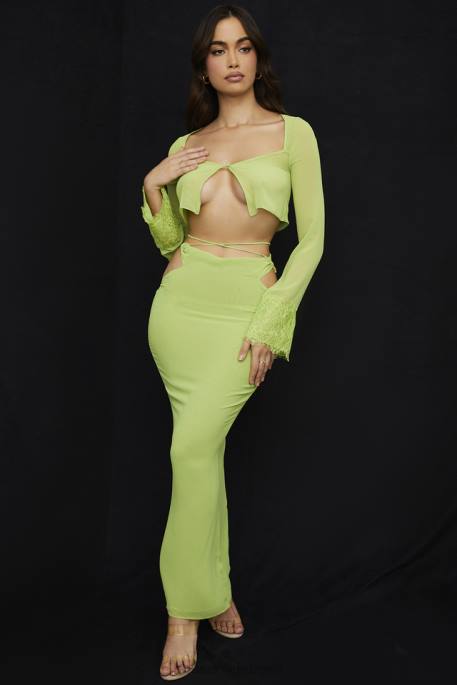 House of CB Tara Lime Green Georgette Cropped Top Clothing 4H6N737