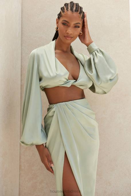 House of CB Tosca Sage Silky Satin Plunge Blouson Top Clothing 4H6N807