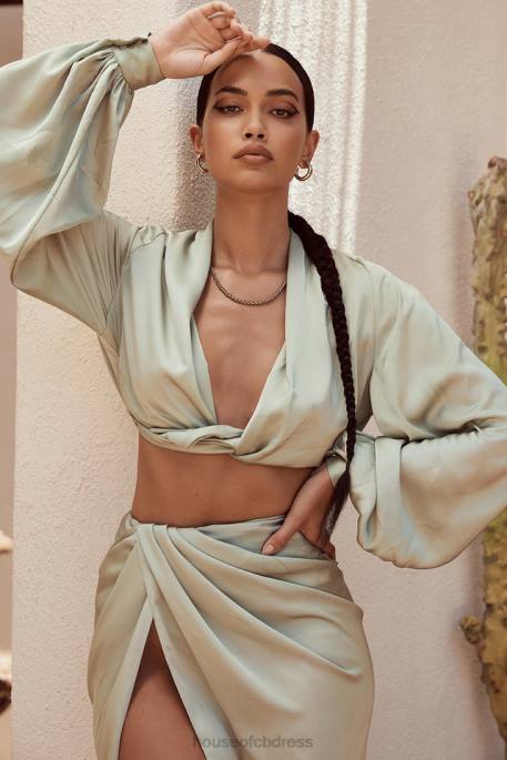 House of CB Tosca Sage Silky Satin Plunge Blouson Top Clothing 4H6N807