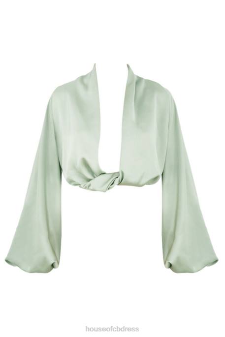 House of CB Tosca Sage Silky Satin Plunge Blouson Top Clothing 4H6N807