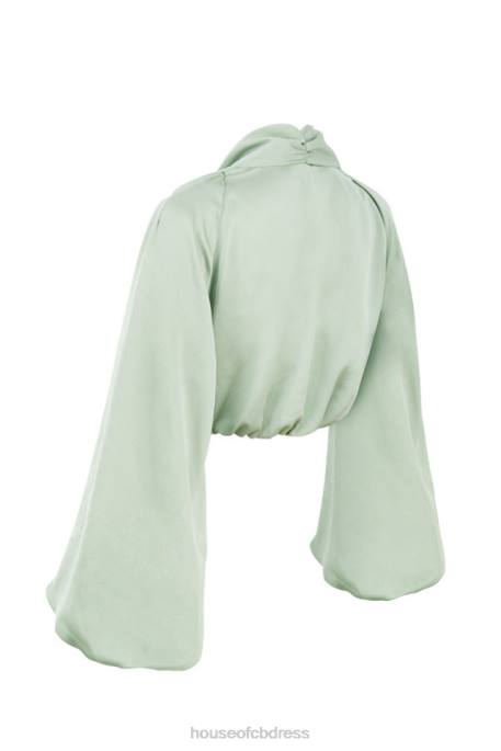 House of CB Tosca Sage Silky Satin Plunge Blouson Top Clothing 4H6N807